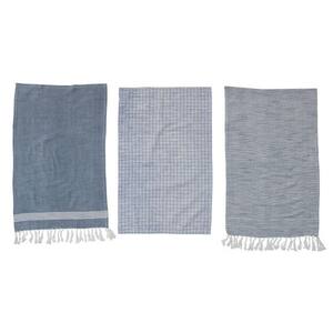 Blues and White Print Cotton Blend Tea Towels with Patterns and Fringe (Set of 3)