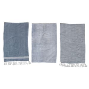 Blues and White Print Cotton Blend Tea Towels with Patterns and Fringe (Set of 3)