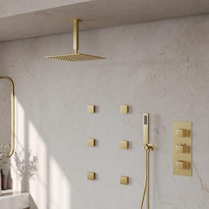 Anti Scald Shower Trims and Valve 5-Spray Ceiling Mount 12 in. Fixed and Handheld Shower Head 2.5 GPM in Brushed Gold