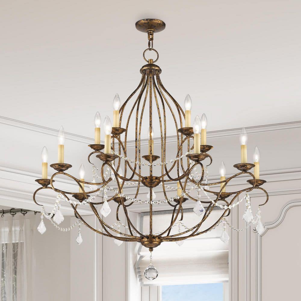 Chesterfield 15-Light Crystal Cascade Chandelier in Venetian Golden Bronze