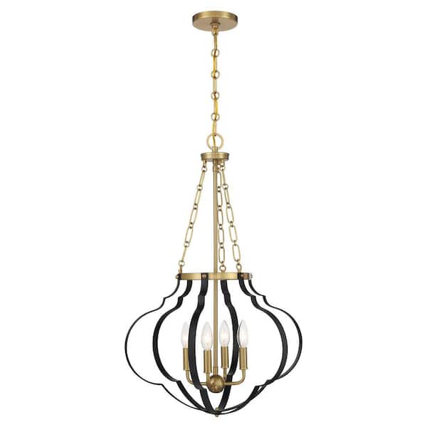 Mercer 60-Watt 20 in. W x 32 in. H 4-Light Matte Black/Warm Brass Pendant Light, No Bulbs Included