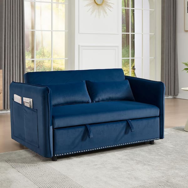 Yvonne Modern 55 in. Blue Velvet Upholstery Twin Size Sofa Bed with Pull-Out Couch, Side Pockets, 2 Pillows