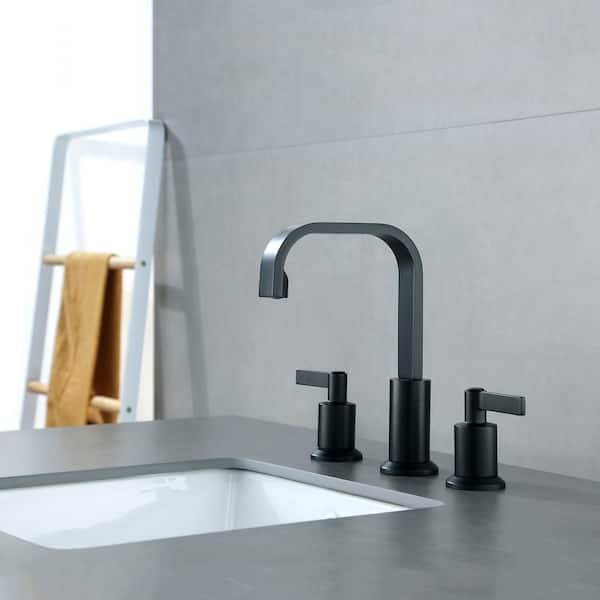 Modern 8 in. Widespread Double Handle 360° Swivel Spout Bathroom Faucet with Push-Up Pop-Up Drain in Matte Black