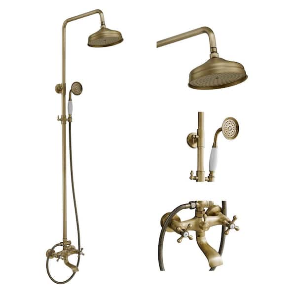 3-Spray Bathroom Outdoor Wall Bar Shower Kit with Tub Faucet and Double Cross Handle in Antique Brass (Valve Included)