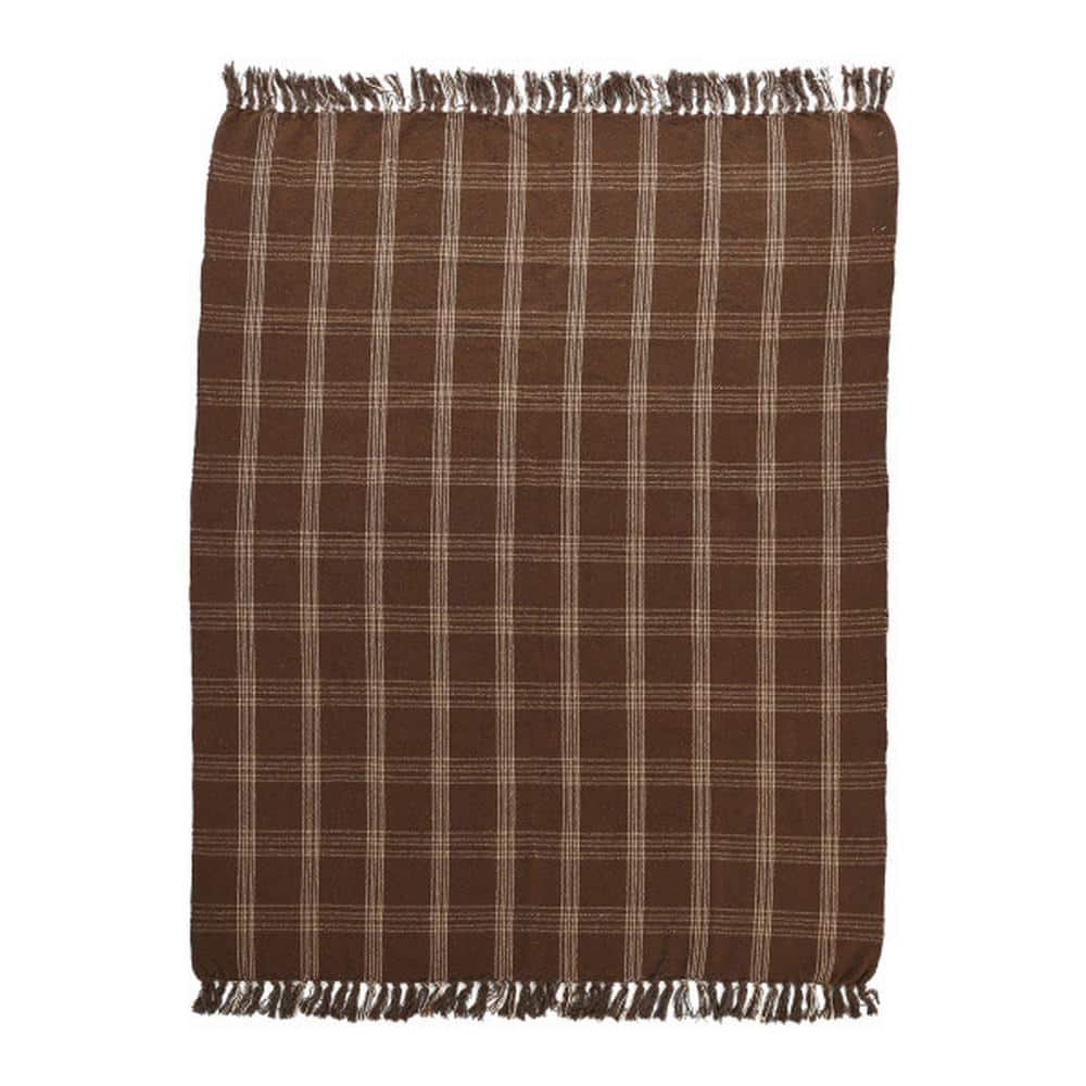 Brown Plaid Recycled Cotton Blend Throw Blanket with Fringe