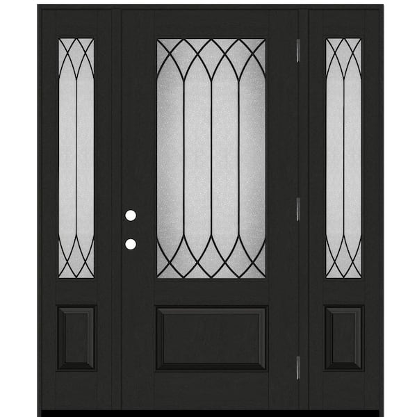 Regency 64 in. x 80 in. 3/4-Lite Spire Decorative Glass LHOS Onyx Mahogany Fiberglass Prehung Front Door w/Dbl 12 in. SL