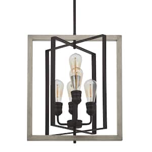 Palermo Grove 17 in. 5-Light Black with Oak Accents Pendant Light for Kitchens and Dinings Rooms
