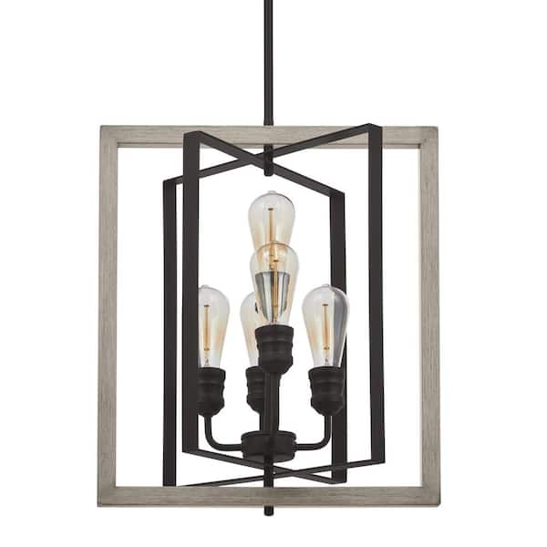 Home Decorators Collection Palermo Grove 17 in. 5-Light Black with Oak Accents Pendant Light for Kitchens and Dinings Rooms