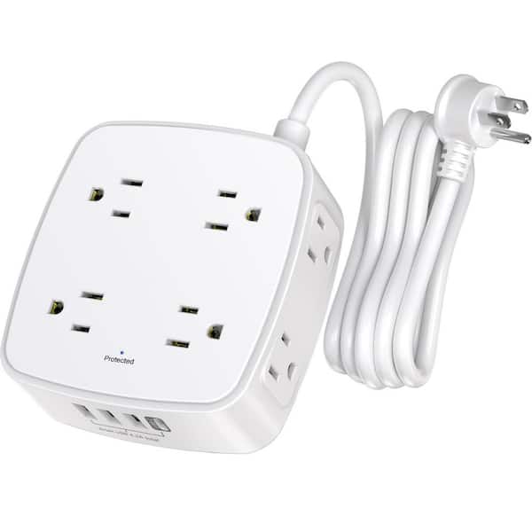 6 ft. Extension Cord Surge Protector Power Strip 8-Outlet 4 USB-A and C Ports with Flat Plug Wall Mount White
