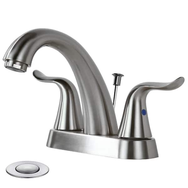 WOWOW 4 in. Centerset Double Handle High Arc Bathroom Faucet with Drain Kit Included in Brushed Nickel