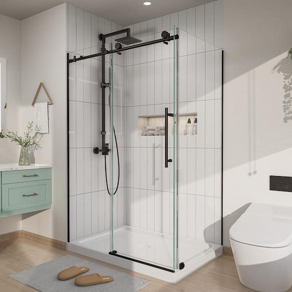 Modern 44-48 in. W x 32 in. D x 72 in. H Frameless Corner Sliding Shower Door Enclosure in Matte Black Clear Glass