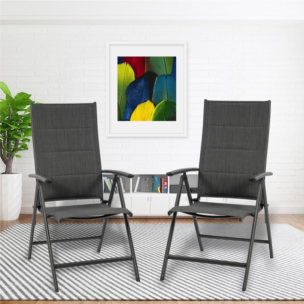 Gray Foldable Padded Aluminum Outdoor Dining Chairs (Set of 2)