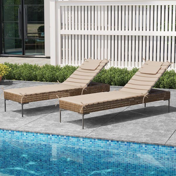 2 Pieces Outdoor Chaise Lounge Cushions in Beige 71 in. x 21 in. Water-Resistant Lounge Chair Cushion with Headrest