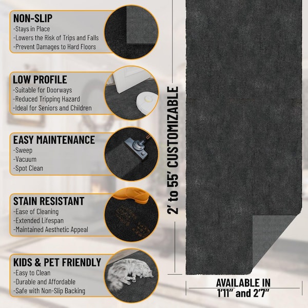 Majestic Non-Slip Rubberback 2 ft. X 23 ft. Indoor Custom Cut Extra Long Runner Rug 1 ft. 11 in. X 23 ft., Charcoal
