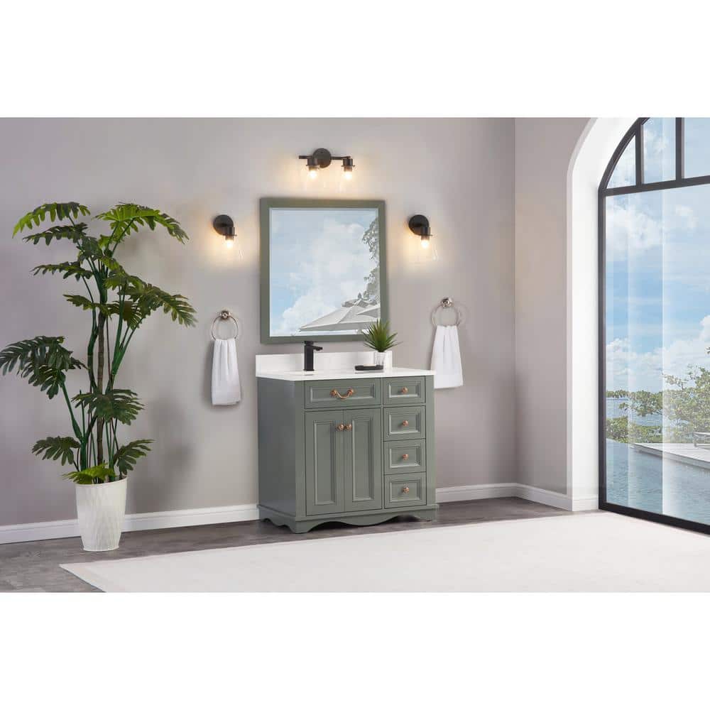 36" Pewter Green Solid Wood Freestanding Sink Vanity with Artificial Stone Top