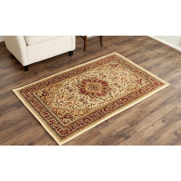 Lyndhurst Ivory/Red Doormat 3 ft. x 5 ft. Floral Border Medallion Area Rug