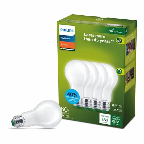 Philips 60-Watt Equivalent A19 Ultra Efficient Frosted LED Light Bulb 2700K 4-Pack