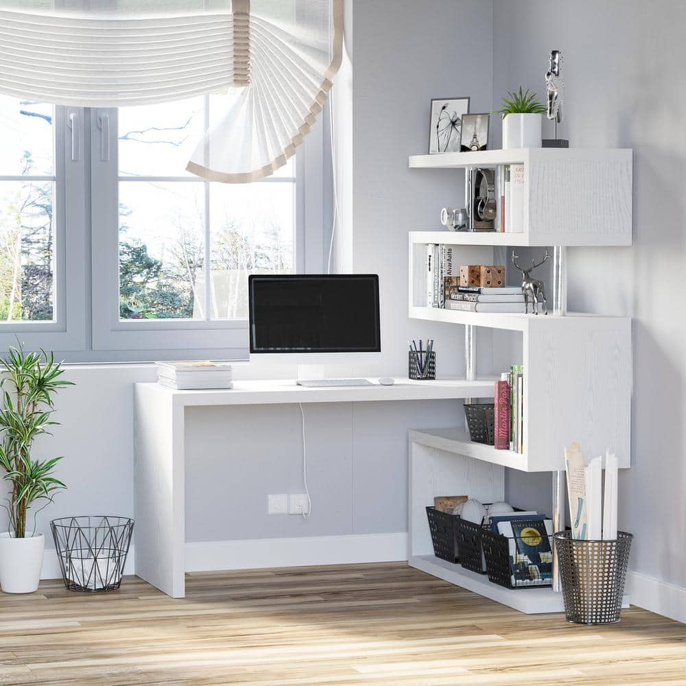 White Foldable L-Shaped Corner Writing Desk with Shelves