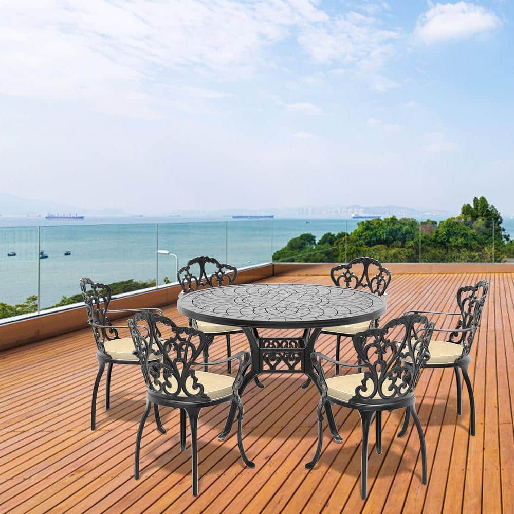 7-Piece Cast Aluminum Outdoor Dining Set with Beige Cushions