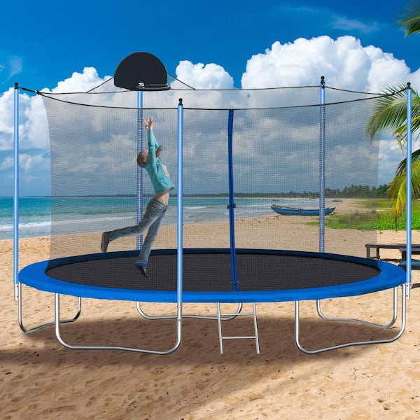 12 ft. Blue Round Outdoor Trampoline with Safety Enclosure and Basketball Hoop