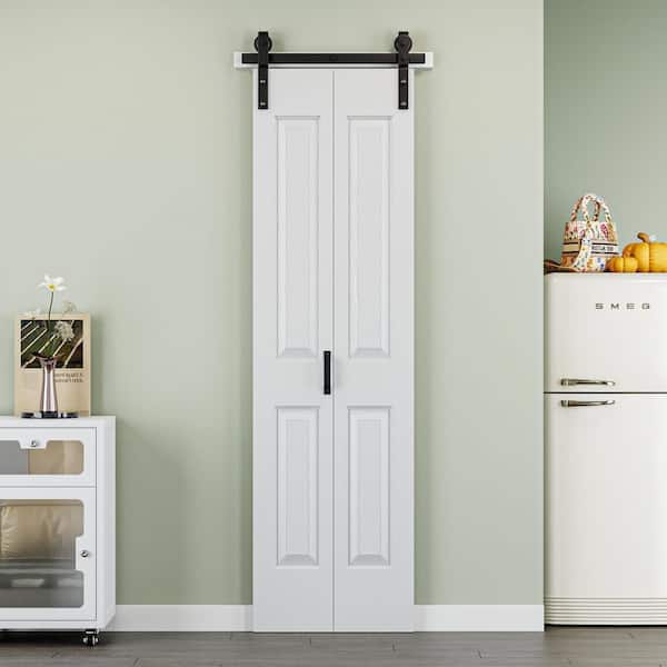 24 in. x 84 in. Paneled 4-Lite White Primed MDF Composite Bi-Fold Sliding Barn Door with Hardware Kit and Handle