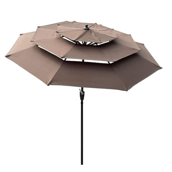 Jushua 9 ft. x 9 ft. Steel Market Patio Umbrella with 3-Tiers Wind Vent, Crank and Tilt System in Chocolate