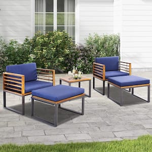 5-Piece Acacia Wood Patio Conversation Cushioned Chair Ottoman Table Furniture Set with Navy Cushions