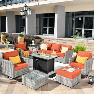 Hanes Gray 10-Piece Wicker Patio Fire Pit Sectional Seating Set with Orange Red Cushions and Swivel Rocking Chairs