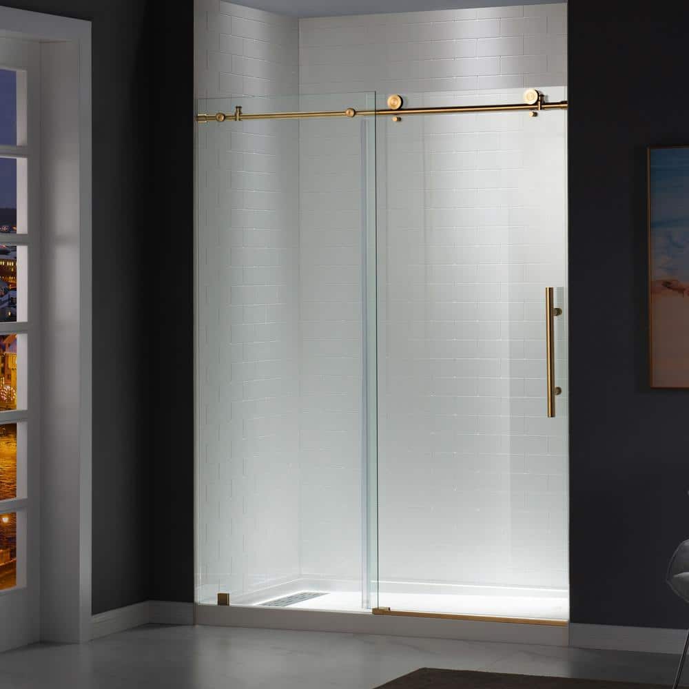 Woodbridge 48 in. W x 76 in. H Sliding Frameless Shower Door in Brushed Gold Finish with 3/8 in. Clear Glass, image size:1000x1000