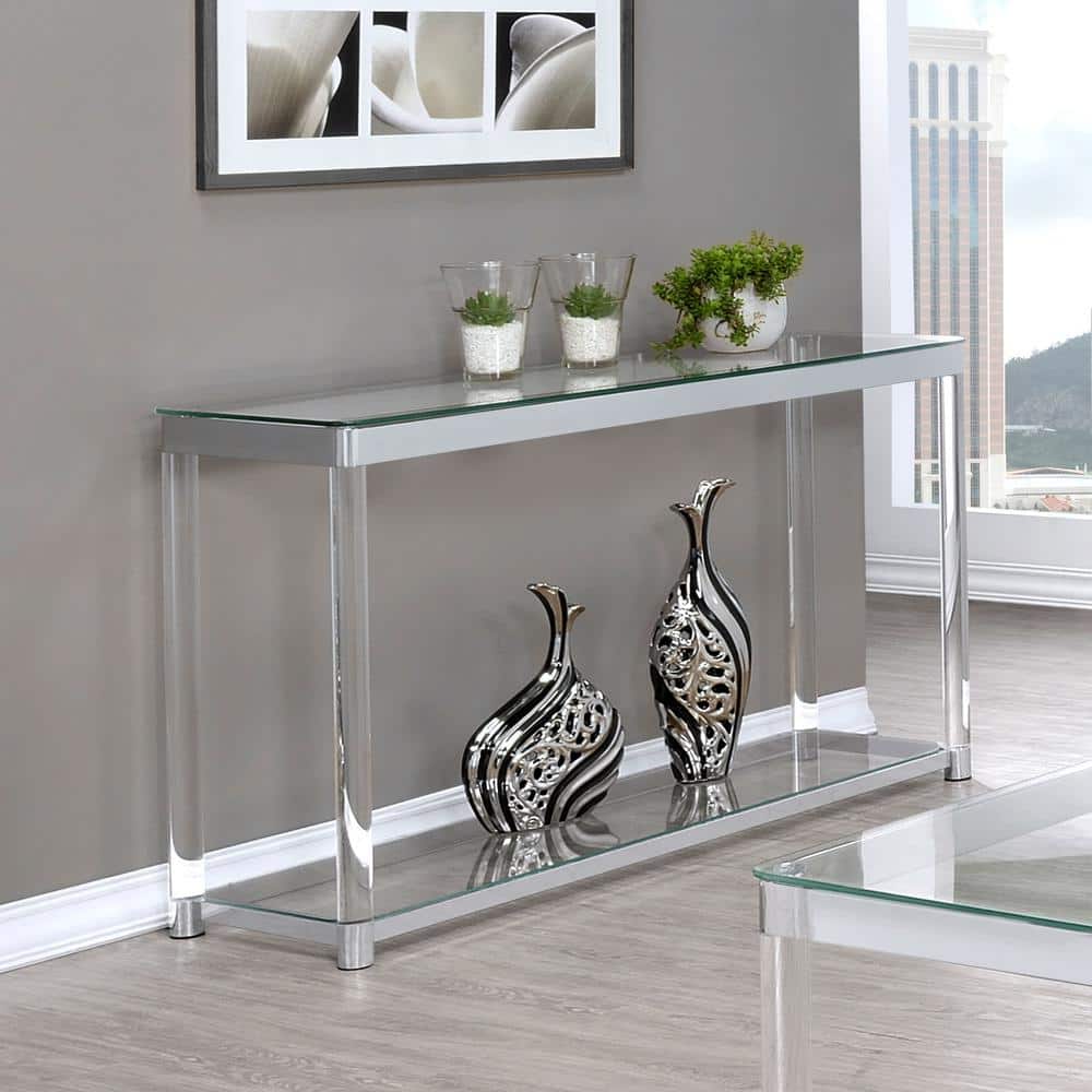 Chrome and Clear Glass Sofa Table with Storage Shelf