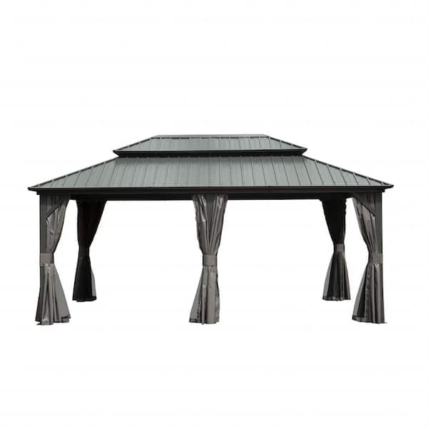 Mondawe 12 ft. x 18 ft. Gray Aluminum Frame Hardtop Gazebo with Galvanized Steel Double Roof Canopy, Curtains and Netting