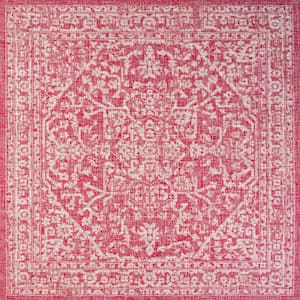 Malta Bohemian Medallion Textured Weave Fuchsia/Light Gray 5 ft. Square Indoor/Outdoor Area Rug