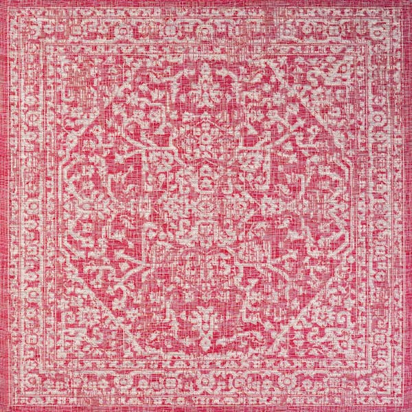 Malta Bohemian Medallion Textured Weave Fuchsia/Light Gray 5 ft. Square Indoor/Outdoor Area Rug
