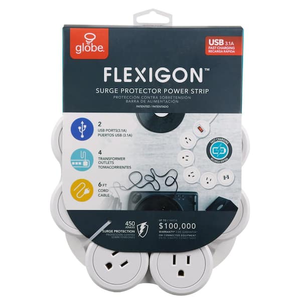 6 USB Flexigon 2 Strip Power Depot The Home 4-Outlet ft. Port 7817501 Surge - Protector Globe Electric