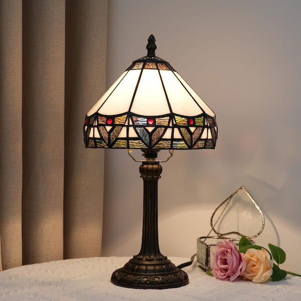 14 in. Tiffany Style Bronze Finish Table Lamp with White Stained Glass Lamp Shade