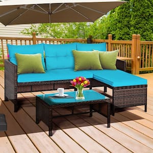 3-Pieces Rattan Outdoor Furniture Set Patio Couch Sofa Set with Turquoise Cushion