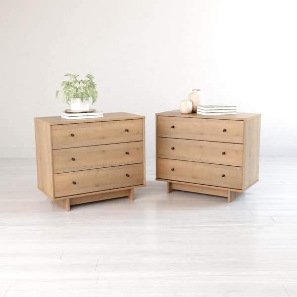 Prepac Finnley Natural Oak 3 Drawer 31" W Nightstand, Dressers for Bedroom Nightstand Bedside Tables with 3 Drawers, Set of 2