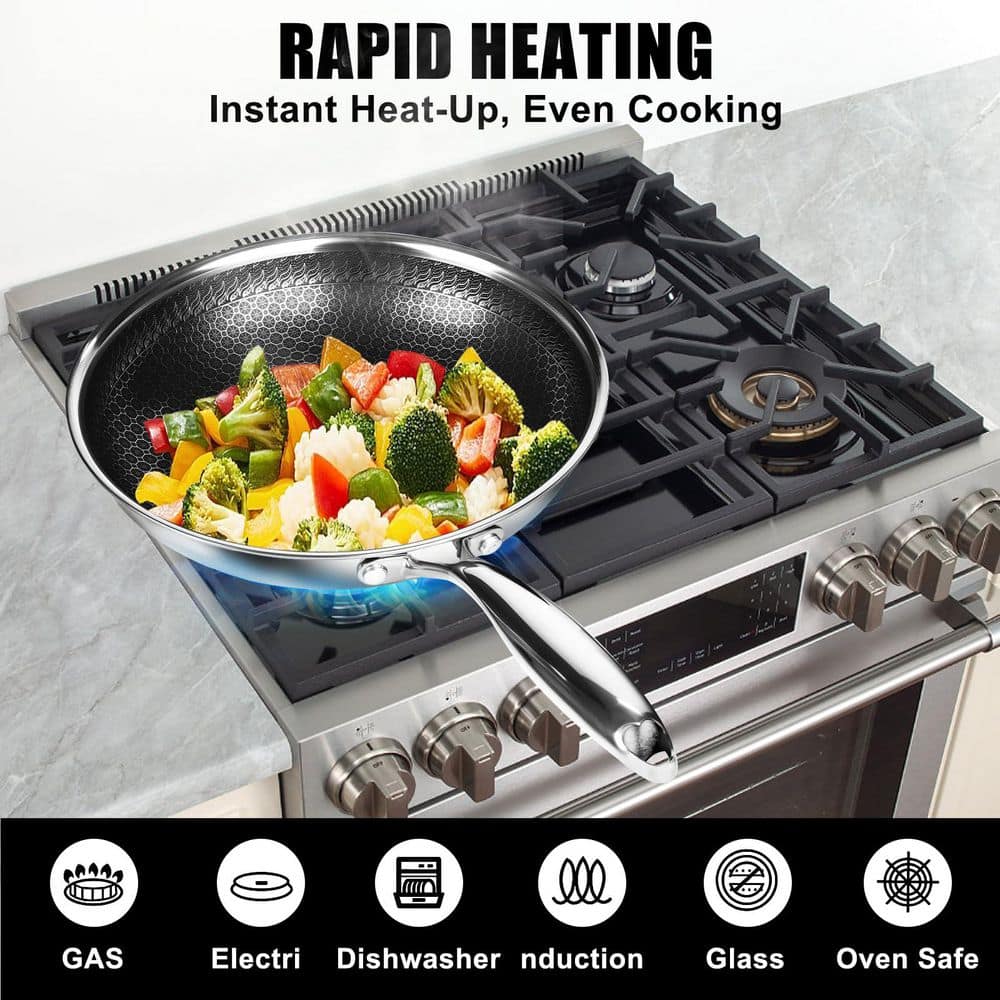 Stainless Steel Nonstick Frying Pan with Lid Honeycomb Surface Induction Oven Dishwasher Safe PFAS-Free 1 Piece - Thumbnail 2