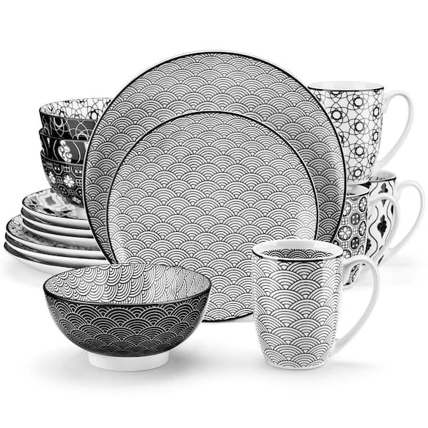 16-Piece Gray Patterned Porcelain Dinnerware Set (Service for 4) Tableware Set with Dinner Plate Dessert Plate Bowl Mug