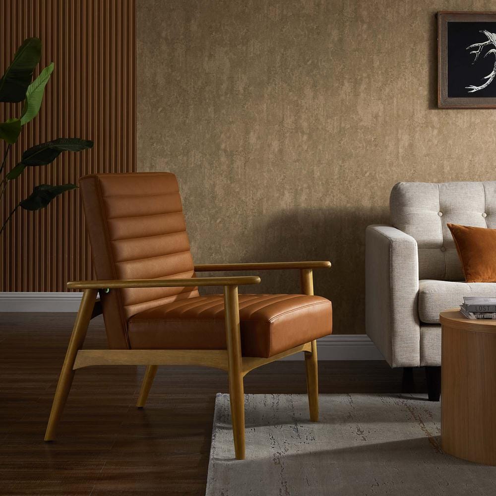 French Oak Tan Faux Leather Barrel Accent Chair with Wood Frame