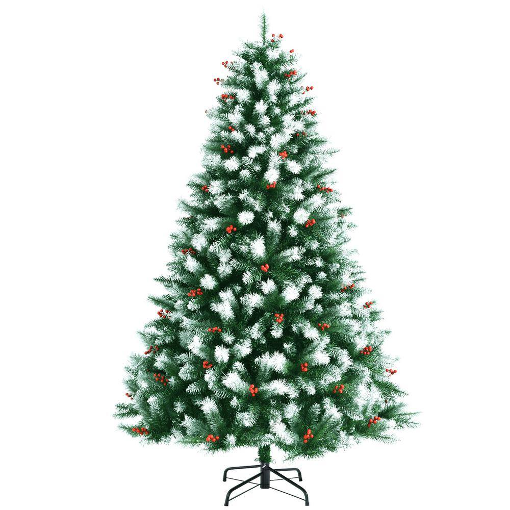 7 ft. Green Unlit Hinged Artificial Christmas Tree with Snow Flocked Tips and Red Berries