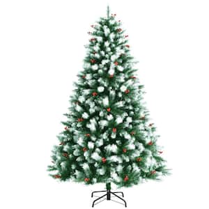 7 ft. Green Unlit Hinged Artificial Christmas Tree with Snow Flocked Tips and Red Berries