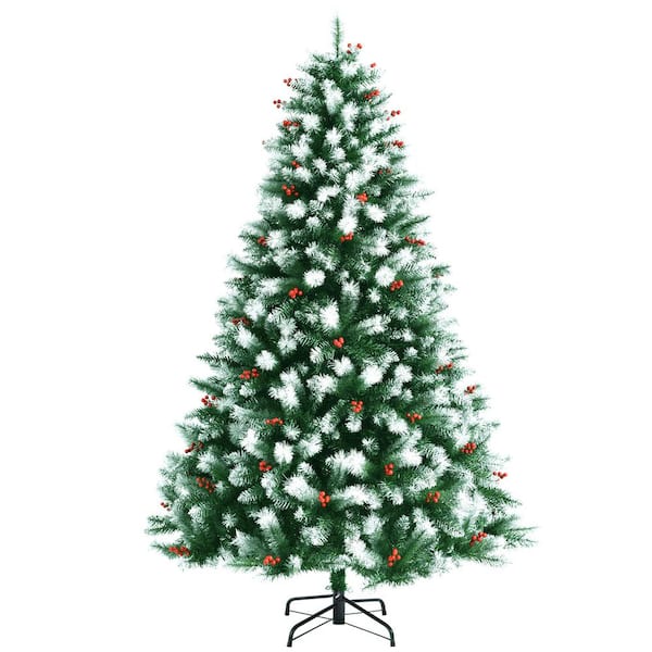 Costway 7 ft. Green Unlit Hinged Artificial Christmas Tree with Snow Flocked Tips and Red Berries