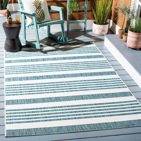Courtyard Ivory/Teal 2 ft. x 4 ft. Geometric Striped Indoor/Outdoor Area Rug