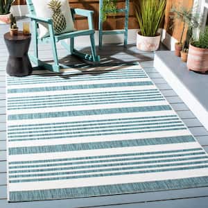 Courtyard Ivory/Teal 4 ft. x 6 ft. Geometric Striped Indoor/Outdoor Patio  Area Rug