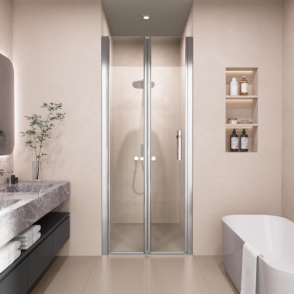 34 in. W x 72 in. H Double Foldable Semi-Frameless Shower Door in Chrome Finish with Tempered Glass