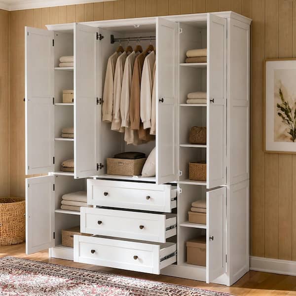 White Wood 61 in. Armoire with Hanging Rod, 11-Shelves, 3-Drawers and 2-Cabinets For Bedroom Storage