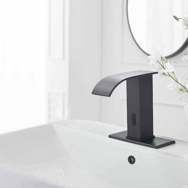 DC Battery Powered Touchless Single Hole Bathroom Faucet Motion Sensor Deck Mount With Drain Assembly In Matte Black
