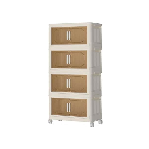FUNKOL 11 in. W x 19 in. D x 40 in. H 4-Tier Ready to Assemble Floor Base Plastic Folding Storage Cabinet in Cream White Wheels