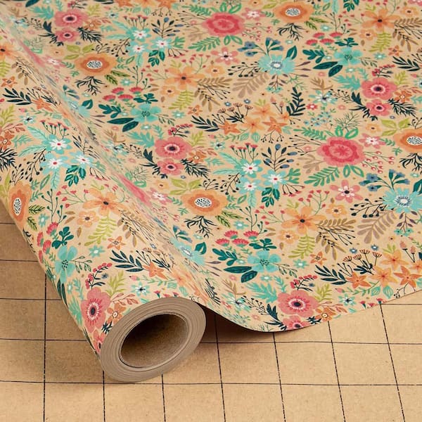 Colorful Floral Kraft Wrapping Paper Roll 17 in. x 33 ft. Garden Boho Floral Gift Wrap for Wedding, Birthday